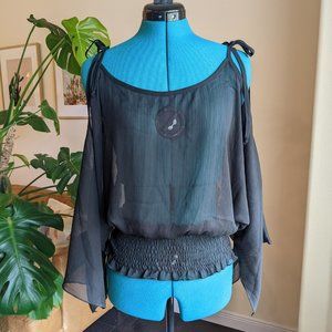 Black Guess Sheer Top/Blouse with tie top flutter sleeve - like new